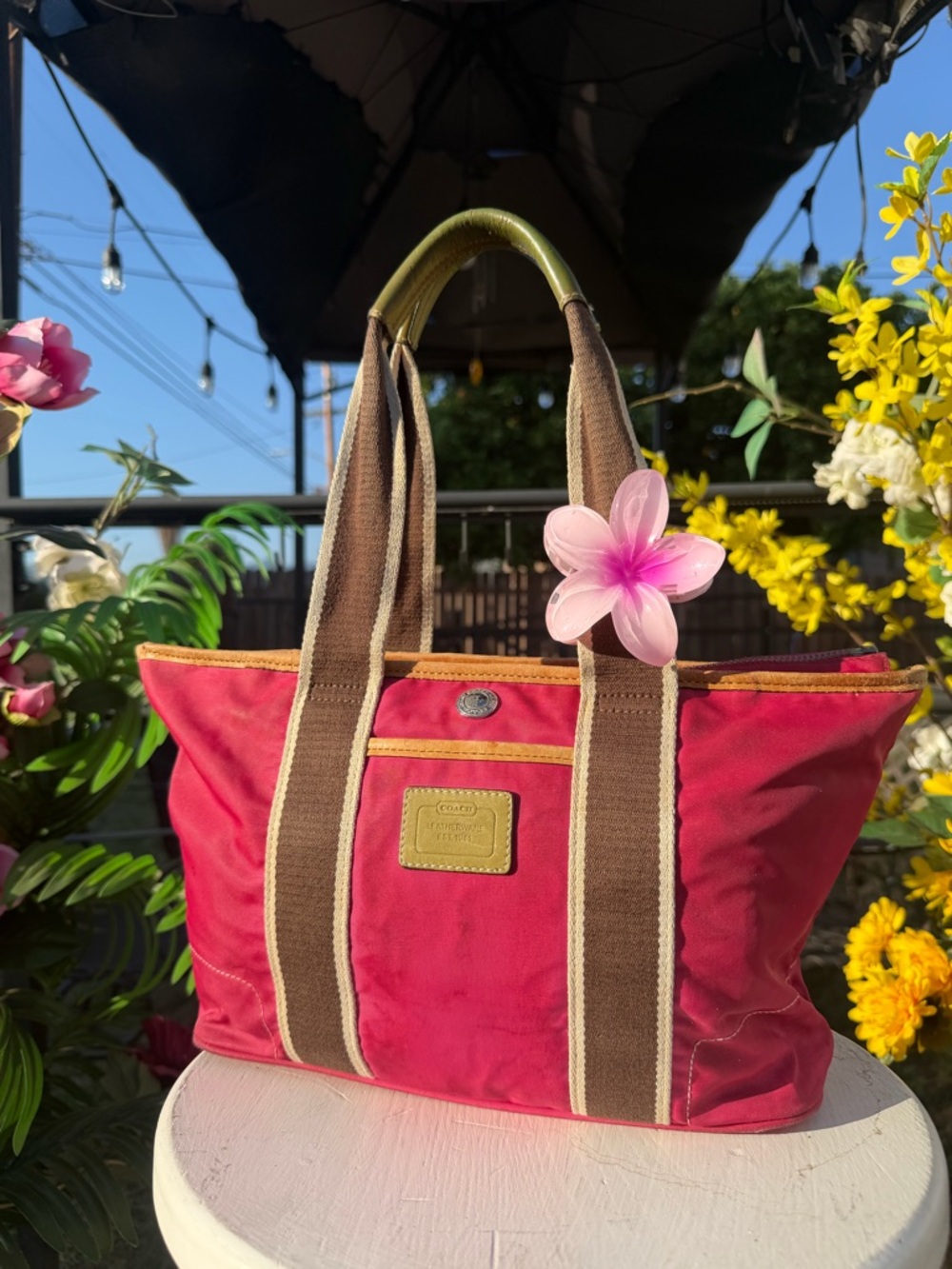 Coach Pink Canvas Tote with Brown Straps